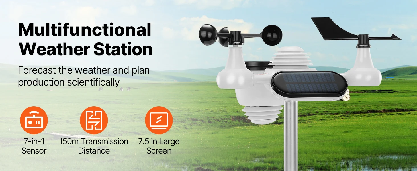 SucceBuy 7 in 1 Wireless Weather Station 7.5in Large Color Display Digital Home Weather Station for Forecast Data, Alarm, Alerts