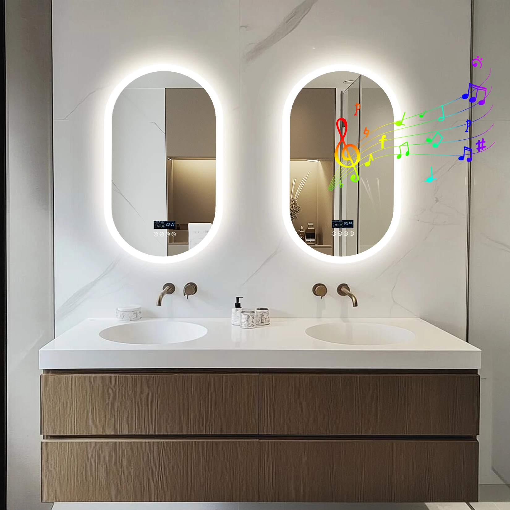 Oval LED Bathroom Mirror with Bluetooth Speaker Backlit Dimmable Wall Vanity Mirror, Digital Display, Antifog, 50x80cm, 120x60cm
