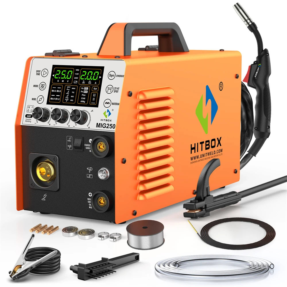 MIG Welder 5 in 1 HITBOX MIG250II Gas/Gasless MIG MMA Lift TIG Aluminum Pulse Digital Screen IGBT Inverter Welding Machine