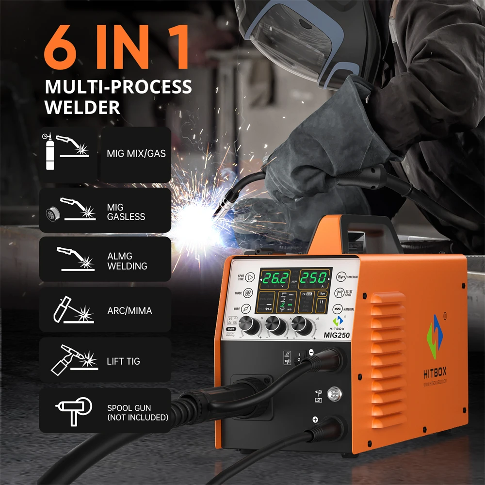 MIG Welder 5 in 1 HITBOX MIG250II Gas/Gasless MIG MMA Lift TIG Aluminum Pulse Digital Screen IGBT Inverter Welding Machine