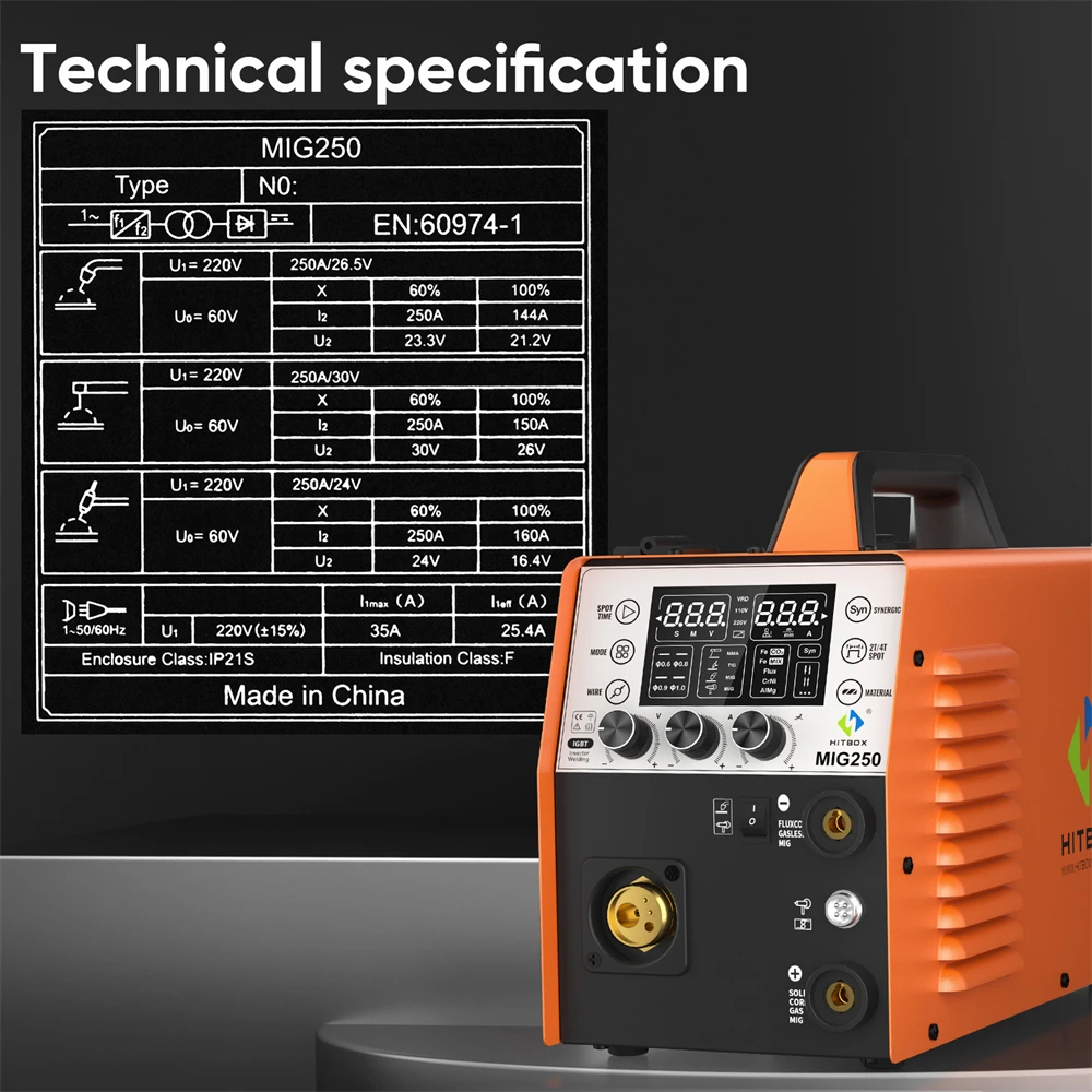 MIG Welder 5 in 1 HITBOX MIG250II Gas/Gasless MIG MMA Lift TIG Aluminum Pulse Digital Screen IGBT Inverter Welding Machine