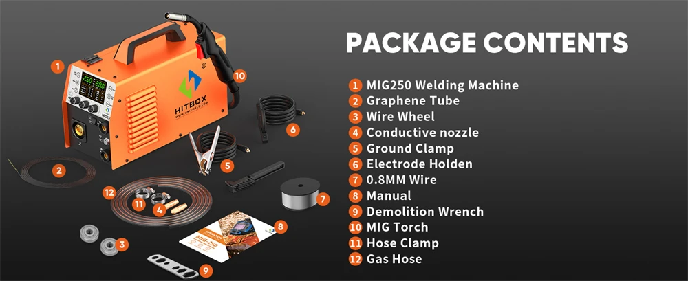 MIG Welder 5 in 1 HITBOX MIG250II Gas/Gasless MIG MMA Lift TIG Aluminum Pulse Digital Screen IGBT Inverter Welding Machine
