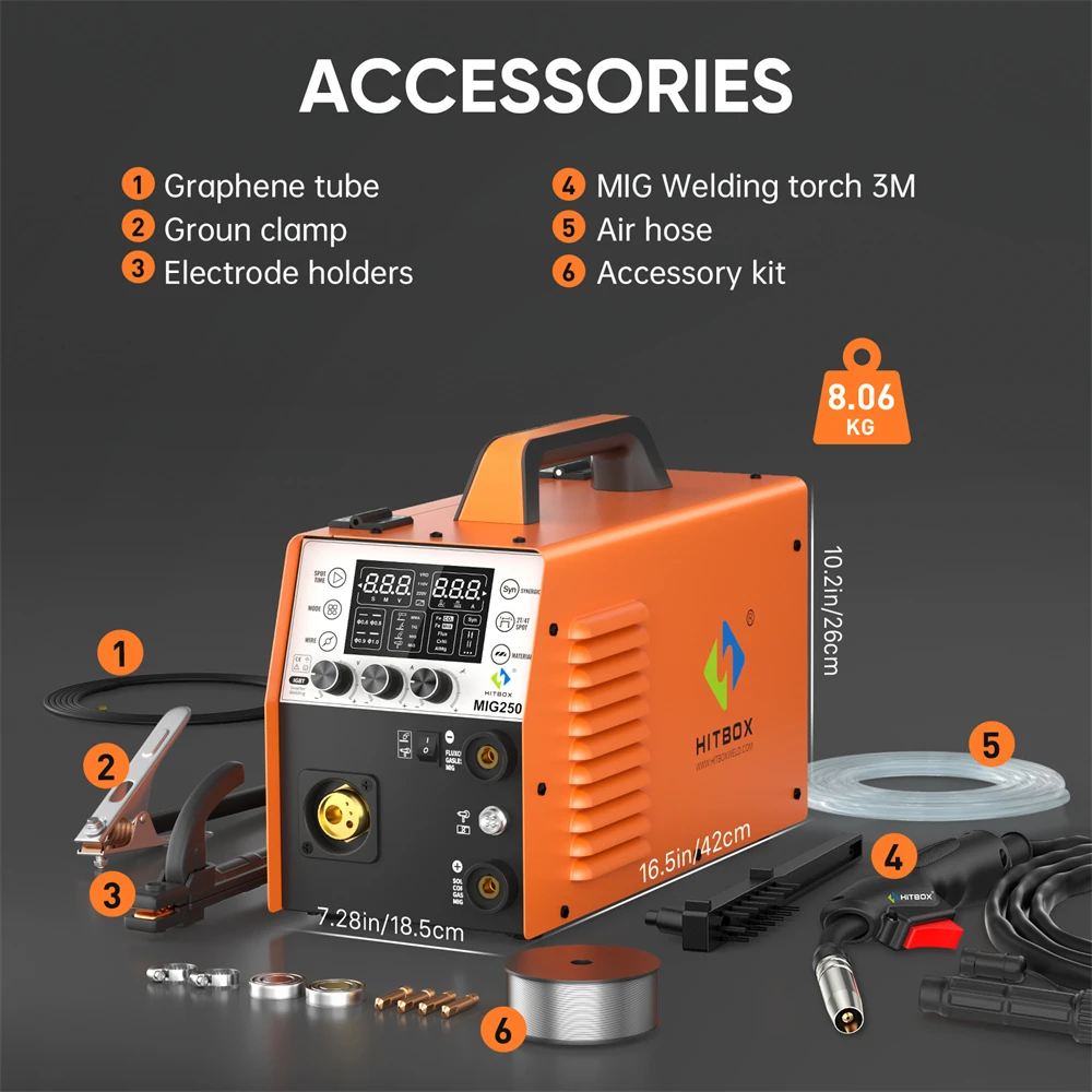 MIG Welder 5 in 1 HITBOX MIG250II Gas/Gasless MIG MMA Lift TIG Aluminum Pulse Digital Screen IGBT Inverter Welding Machine