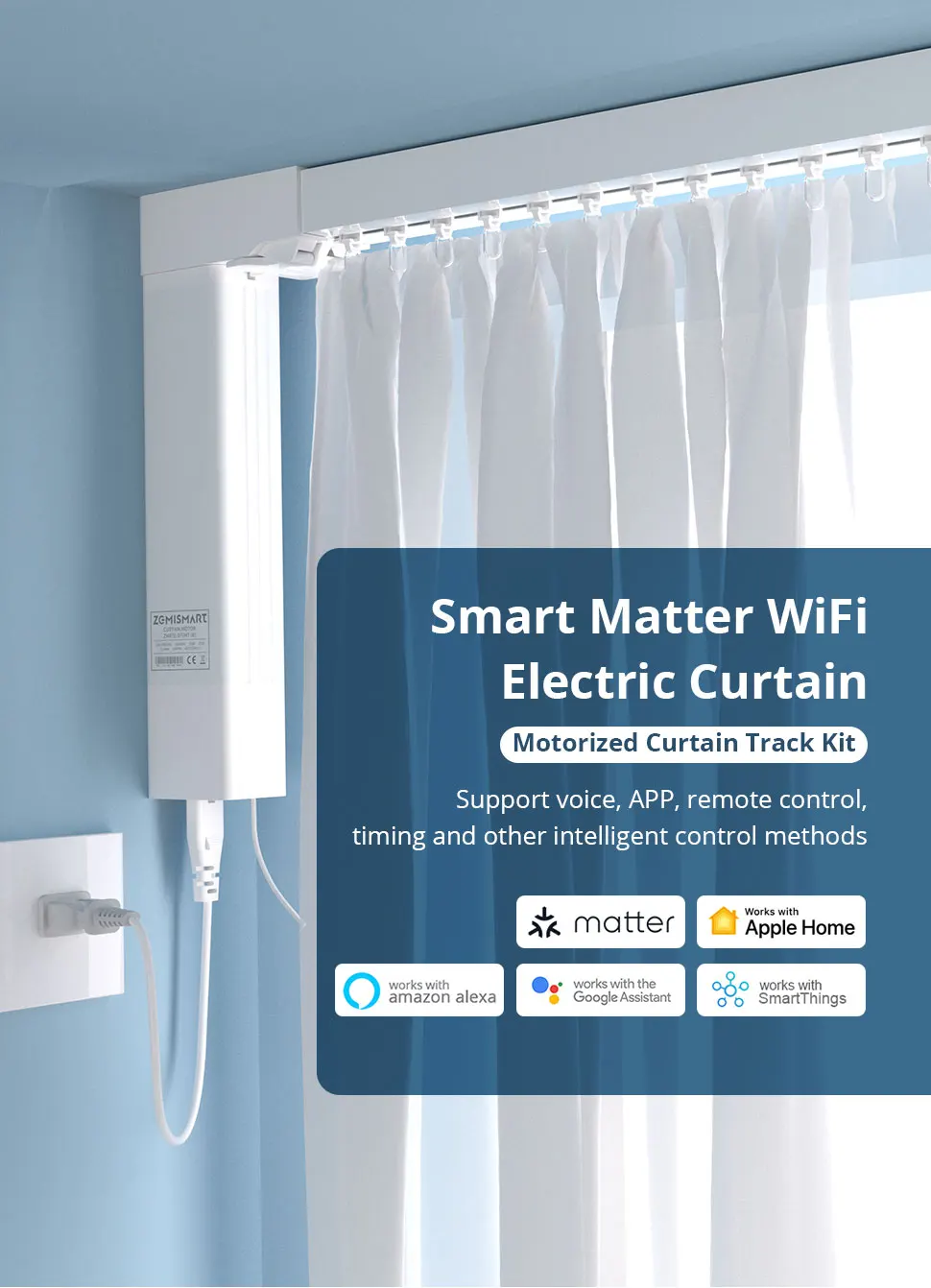 Zemismart Matter Over WiFi Electric Curtain Smart Motorized Track Kit Support HomeKit SmartThings Alexa Google Home APP Control