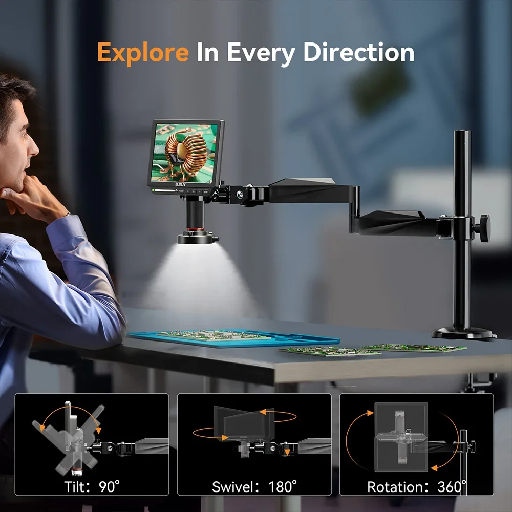 Elikliv EM4K 4K Digital Microscope for Electronics 10.1" 2000X HDMI Soldering Microscope with Boom Arm Holder Pcb Soldering