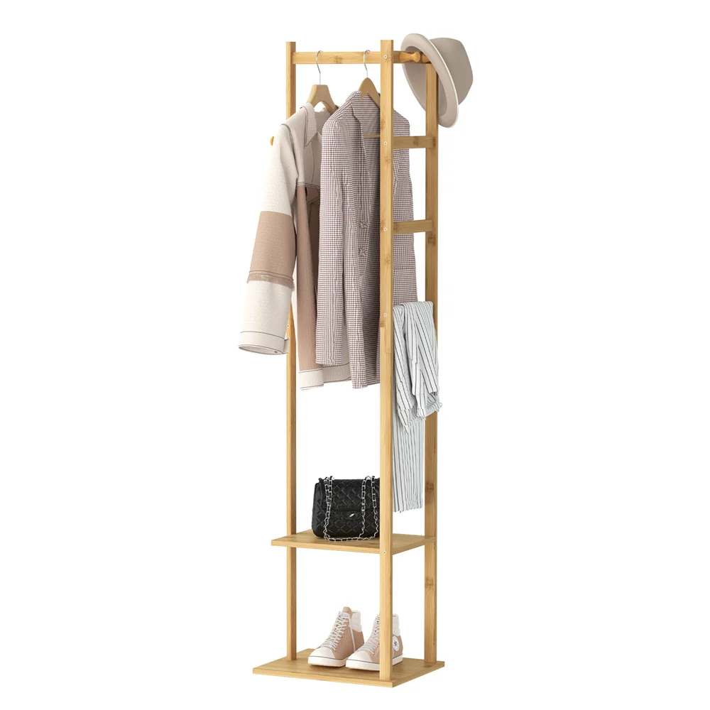 Bingopaw Coat Tree Solid Bamboo Freestanding Coat Rack with Storage Garments Corner Stand with Hooks for Home Bedroom