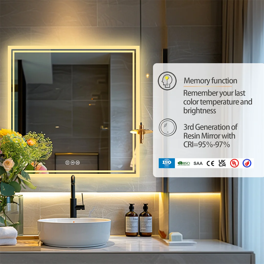 LUVODI Square LED Lighted Bathroom Mirror Wall Mounted Toilet Washroom Sink Dimming Defog Mirror for Shower Shaving Makeup