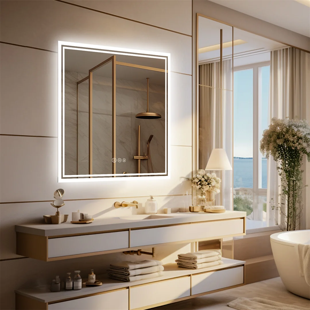 LUVODI Square LED Lighted Bathroom Mirror Wall Mounted Toilet Washroom Sink Dimming Defog Mirror for Shower Shaving Makeup