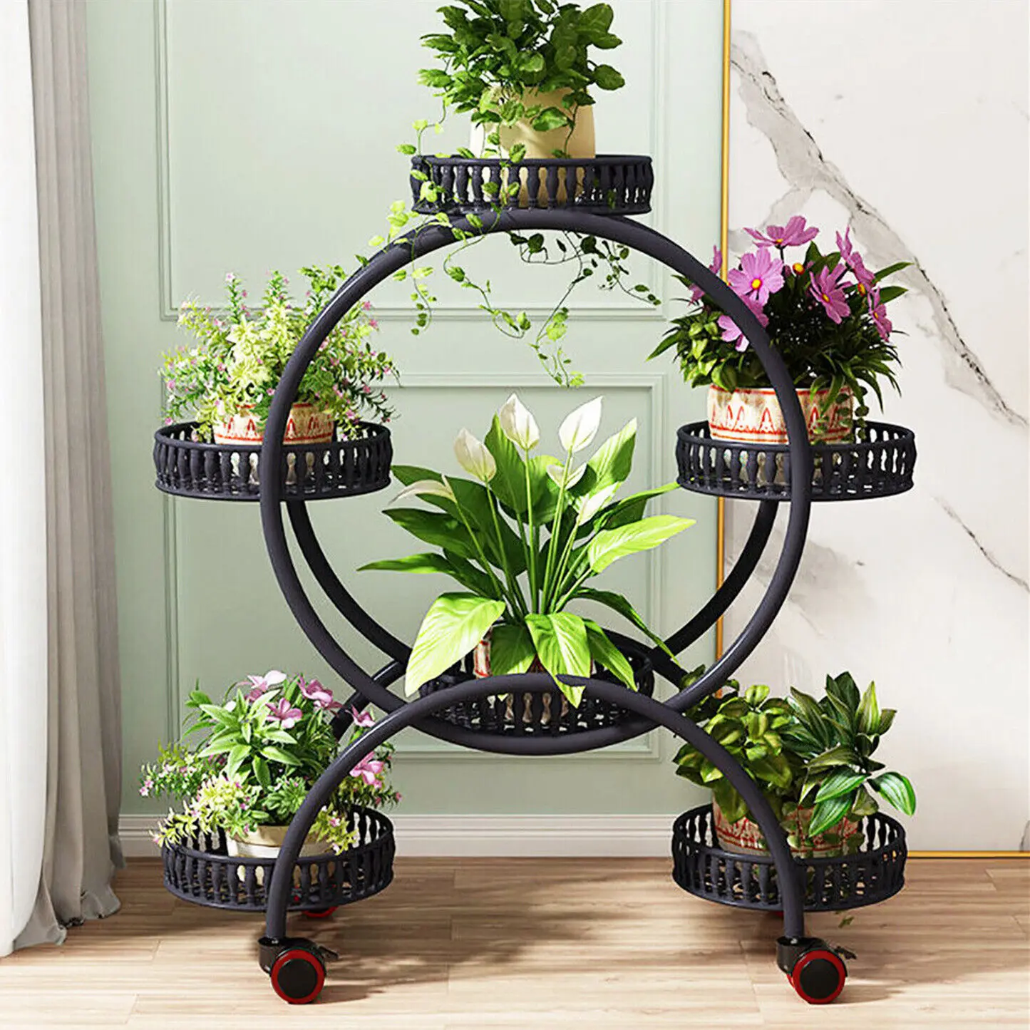 4 Layer 6 Pots Flower Holder Plant Stand Shelf 4-Wheel Free Moving Dispaly Shelf Rack Balcony
