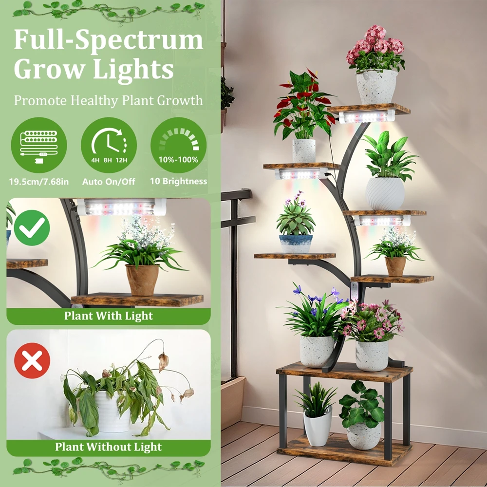 Vintage Plant Holder with LED Grow Lights Tall Multilayer Flower Stand Rack