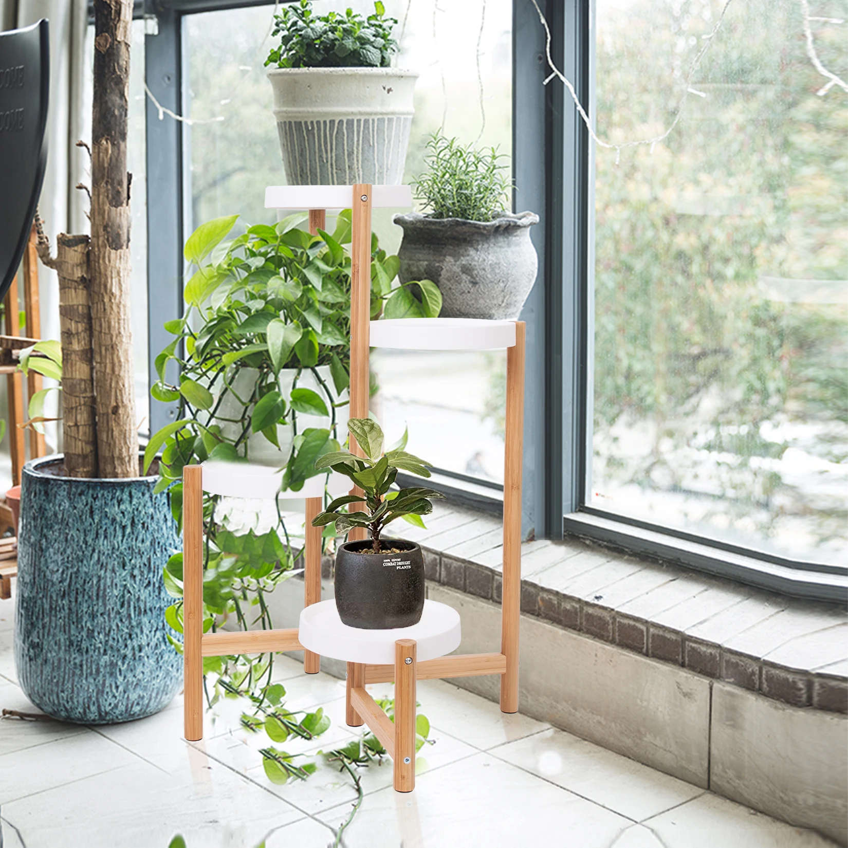 4 Tier Plant Display Shelf Stand Bamboo Plant Pot Holder Tall Flower Stand Rack