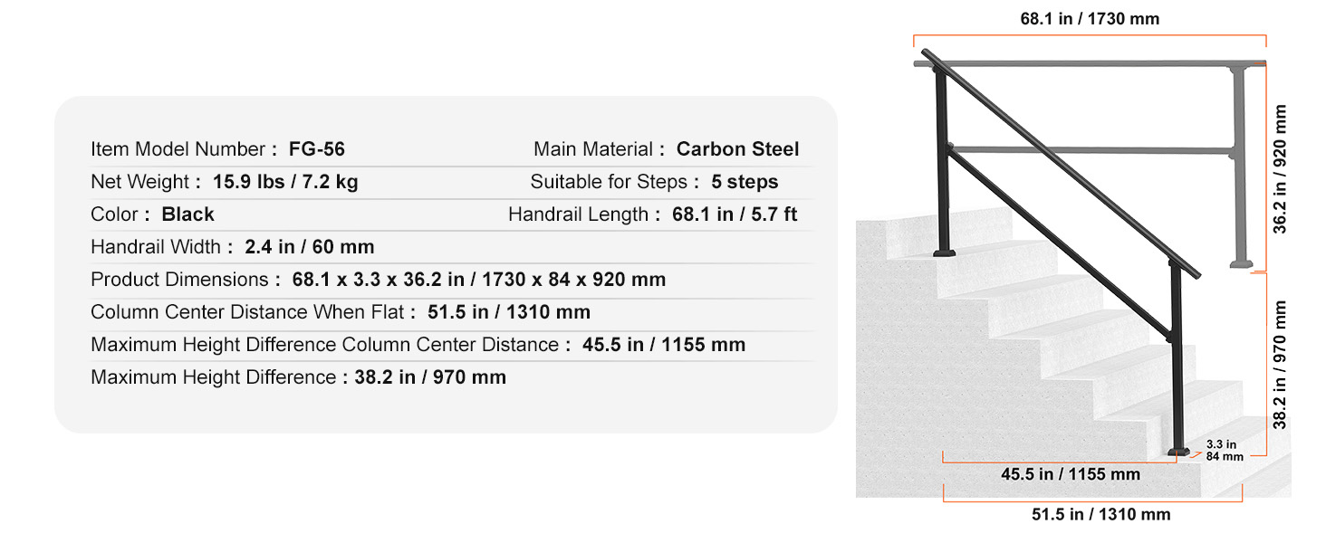 SucceBuy Handrails for Outdoor Step Stair Hand Rail Kit Transitional Carbon Steel Railing with Installation for Seniors Concrete
