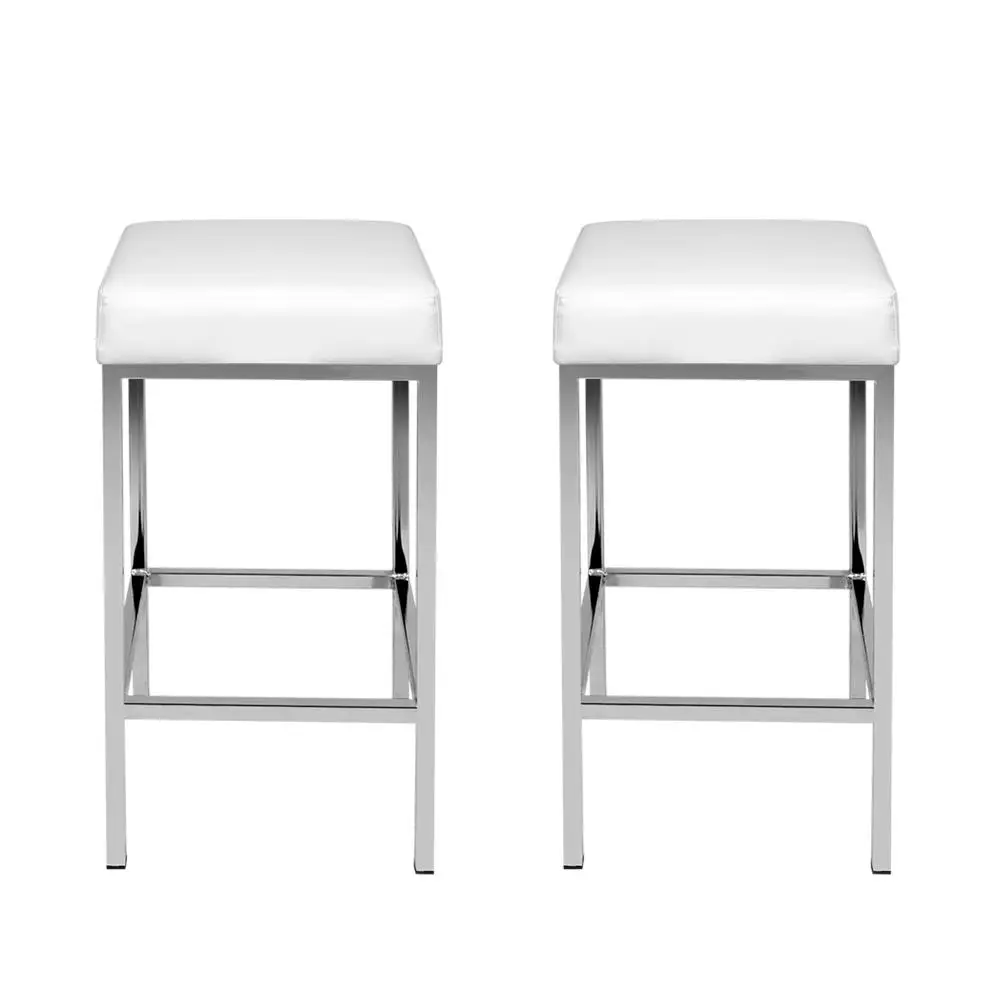2x White Leather Padded Metal Bar Stools Modern Adjustable Counter Stools for Kitchen Dining Room Home Use
