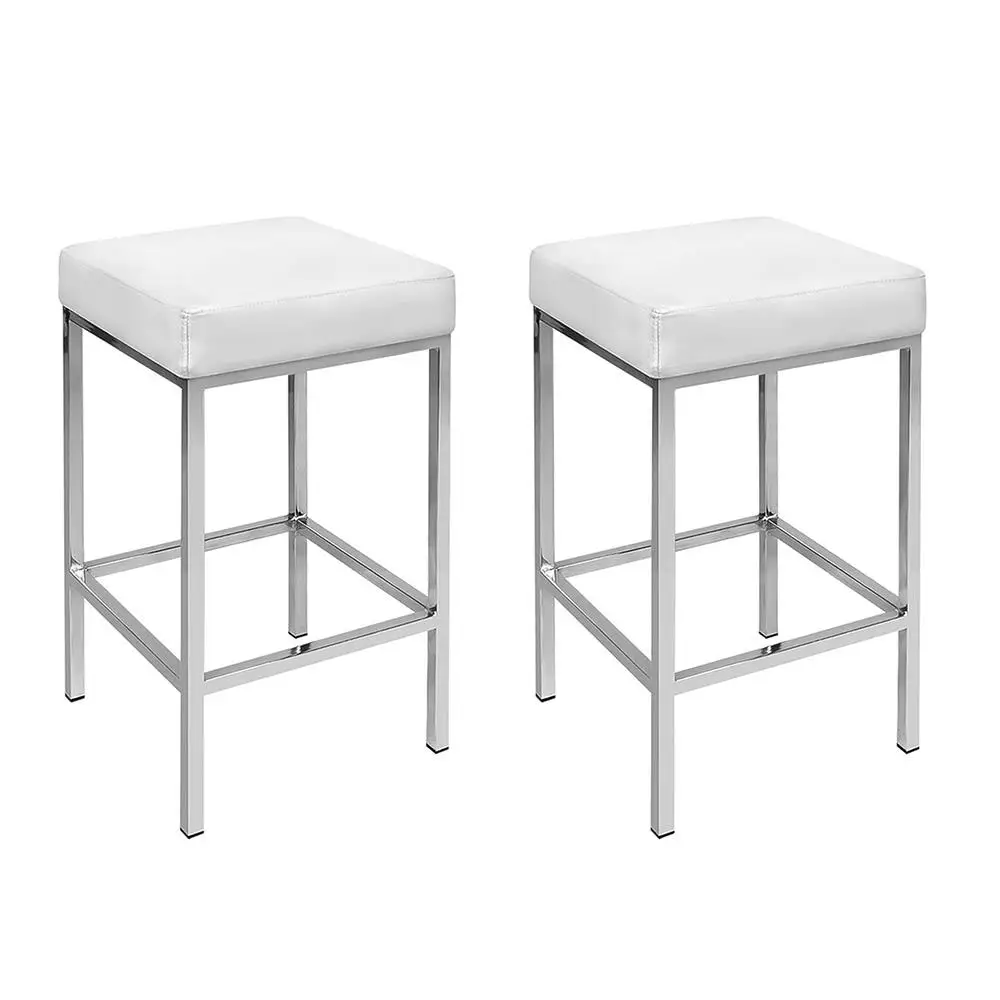 2x White Leather Padded Metal Bar Stools Modern Adjustable Counter Stools for Kitchen Dining Room Home Use