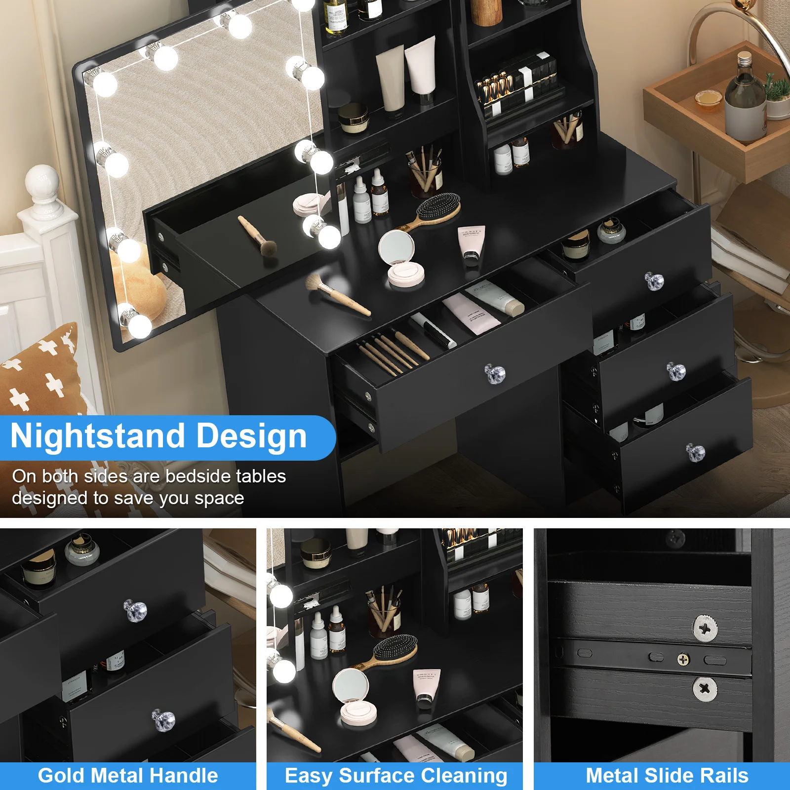 Dressing Table LED Makeup Mirror Make up Set Vanity Desk With 4 Drawers Lighted