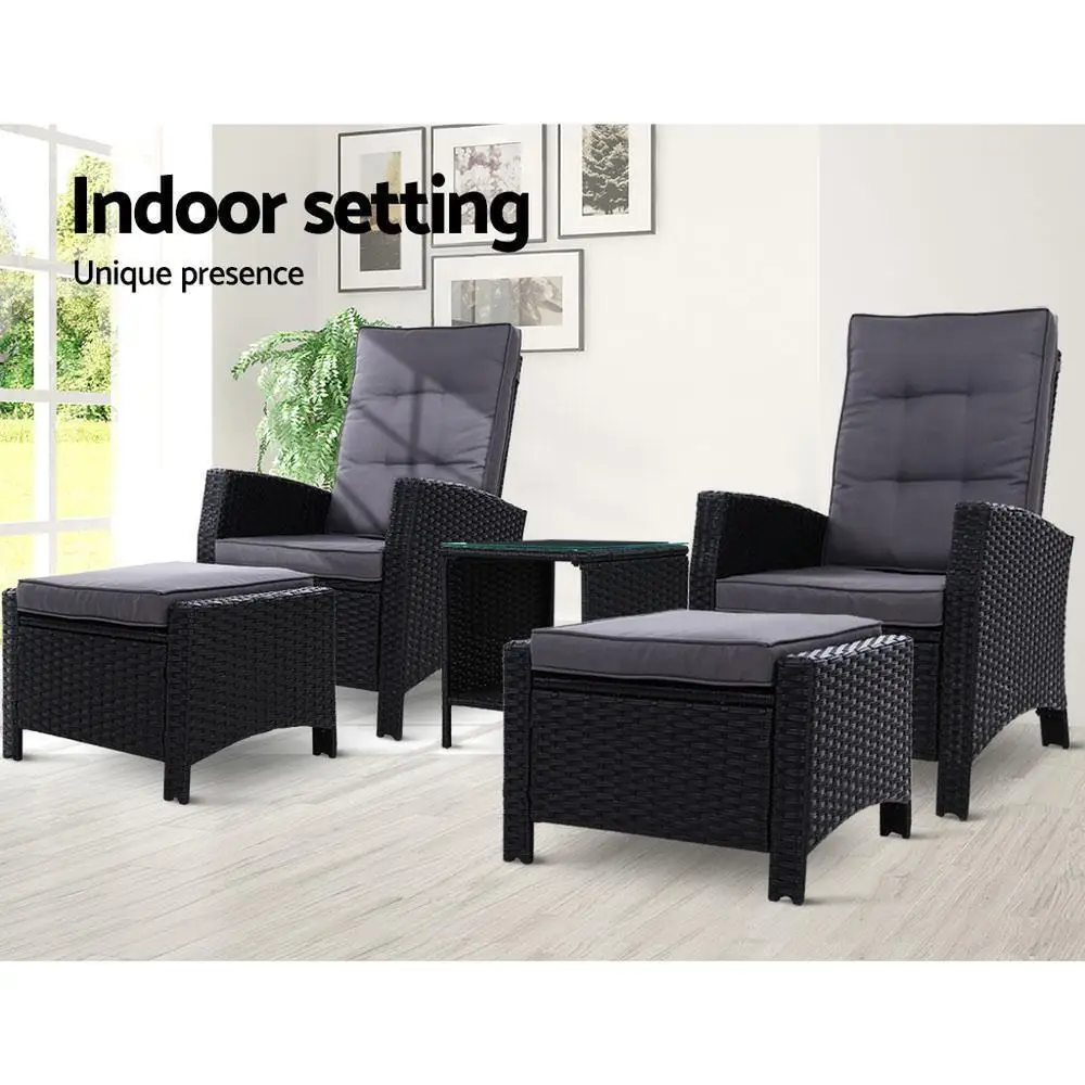 5 Piece Outdoor Wicker Recliner Chair Set with Table Adjustable Sun Lounge Black Furniture