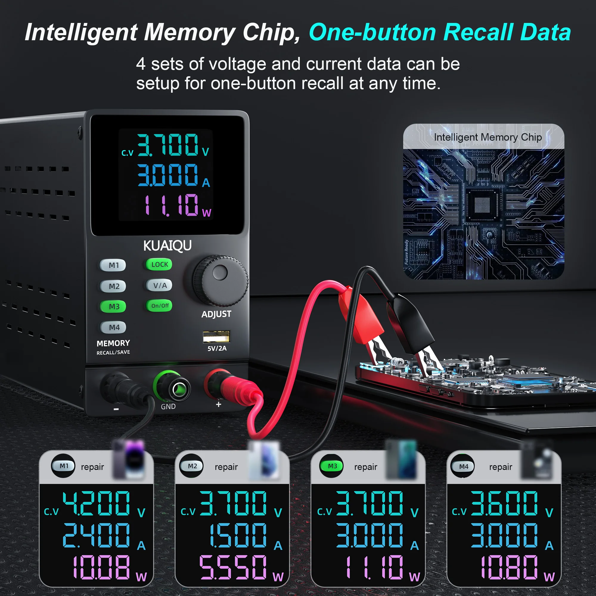 KUAIQU 300W Adjustable DC Power Supply 30V 10A 300V 1A 200V Voltage Regulator RS-232/USB Power Source M1~M4 OUTPUT Repair Tools