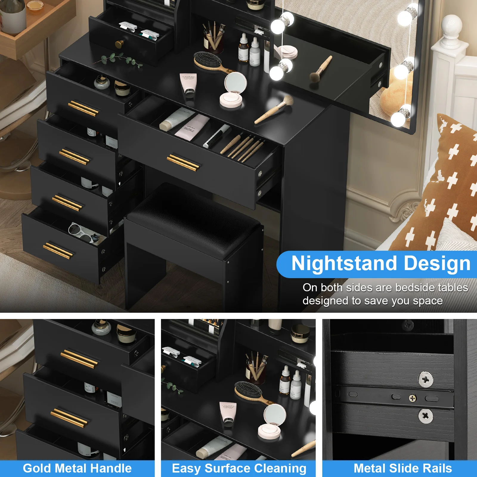 Black Vanity Desk & Stool Set with 10 LED Sliding Mirror 5 Drawers 3 Color Dimmable Easy Assembly Sturdy Frame Dressing Table