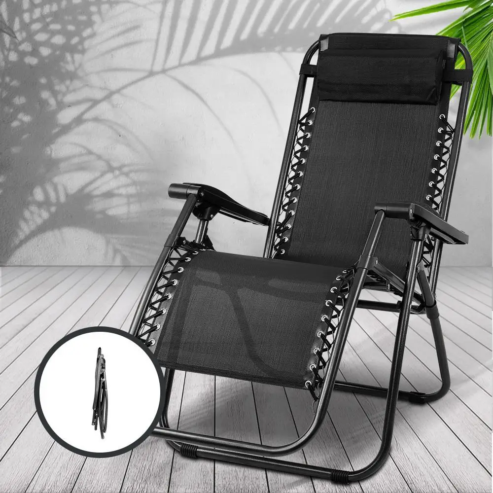 2PC Zero Gravity Folding Lounge Chair Adjustable Outdoor Recliner Sunbed Camping Black Set