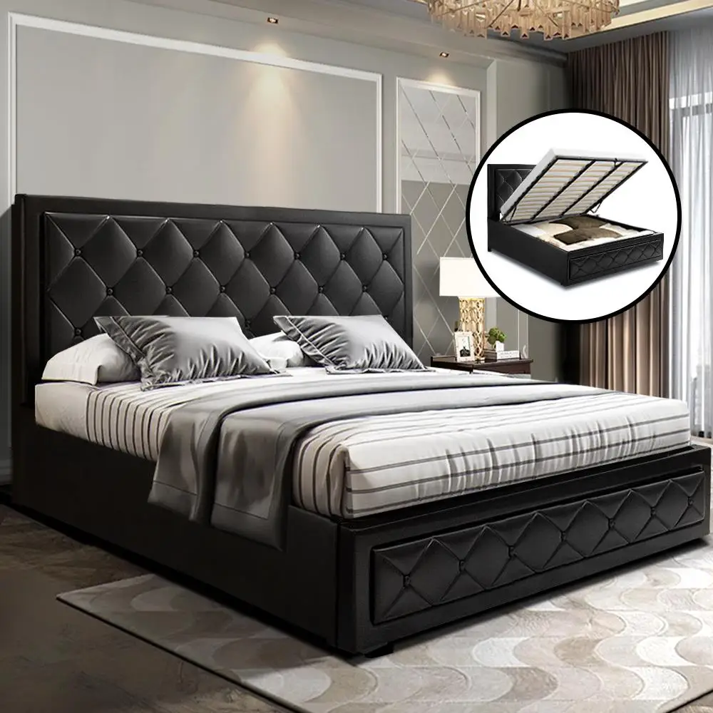 King Size Gas Lift Bed Frame Black Upholstered Storage Platform Bed Modern Durable Bedroom Furniture