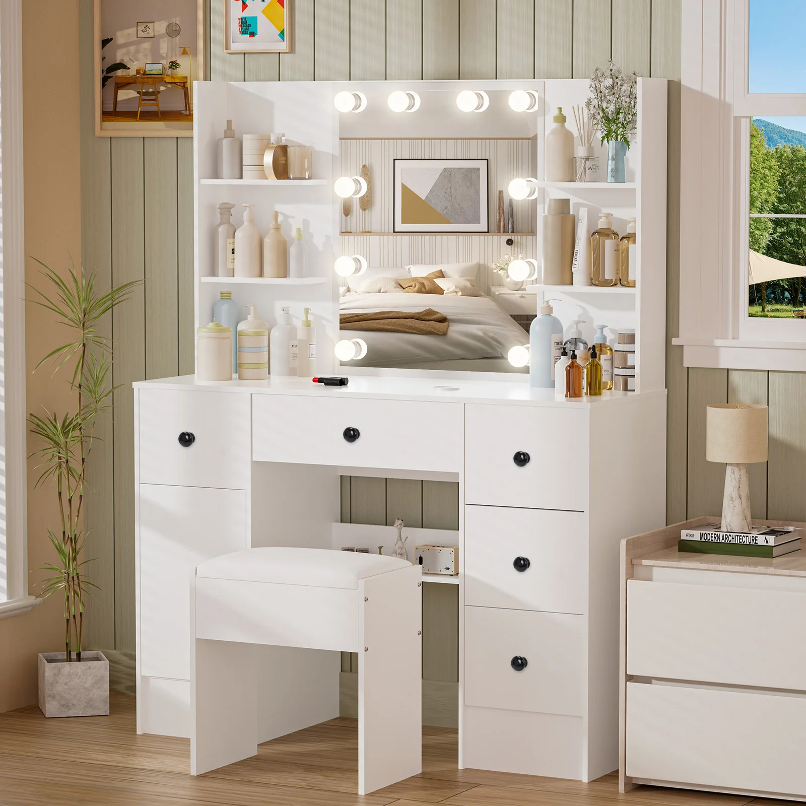 White Vanity Table Set with LED Mirror Drawers & Stool - Sturdy MDF Dressing Makeup Desk, Functional Cosmetic Storage for Bedroo
