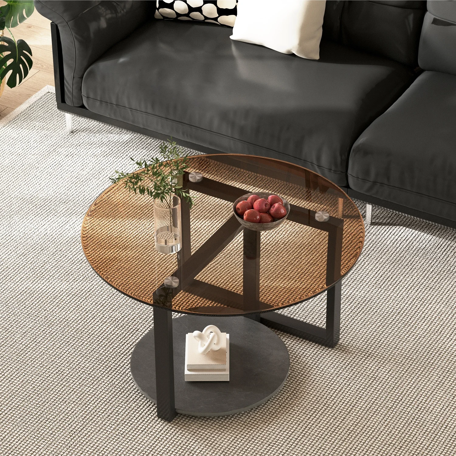 80cm Amber-Tinted Tempered Glass Coffee Table Modern Center Table Side Table with Sintered Stone Tier for Home Office Decor