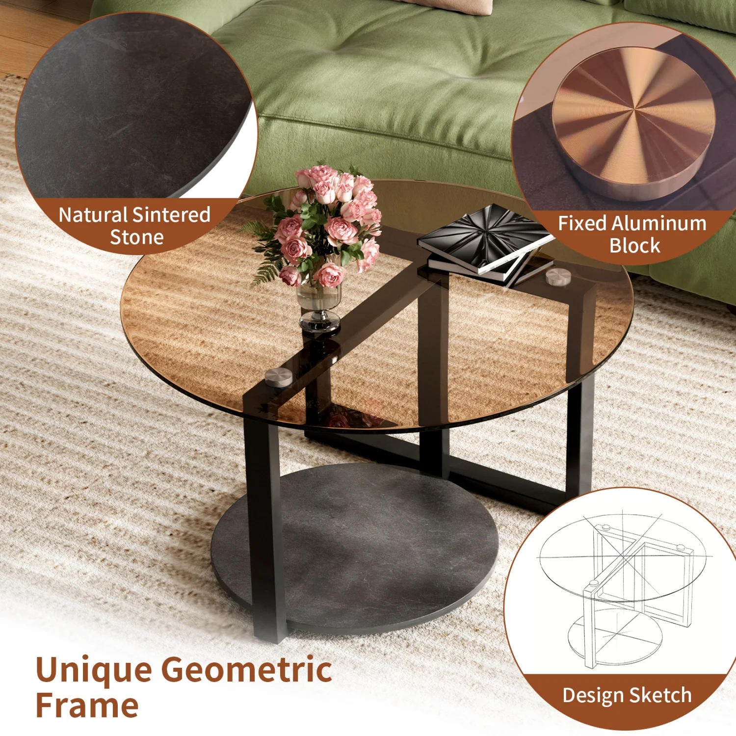 80cm Amber-Tinted Tempered Glass Coffee Table Modern Center Table Side Table with Sintered Stone Tier for Home Office Decor