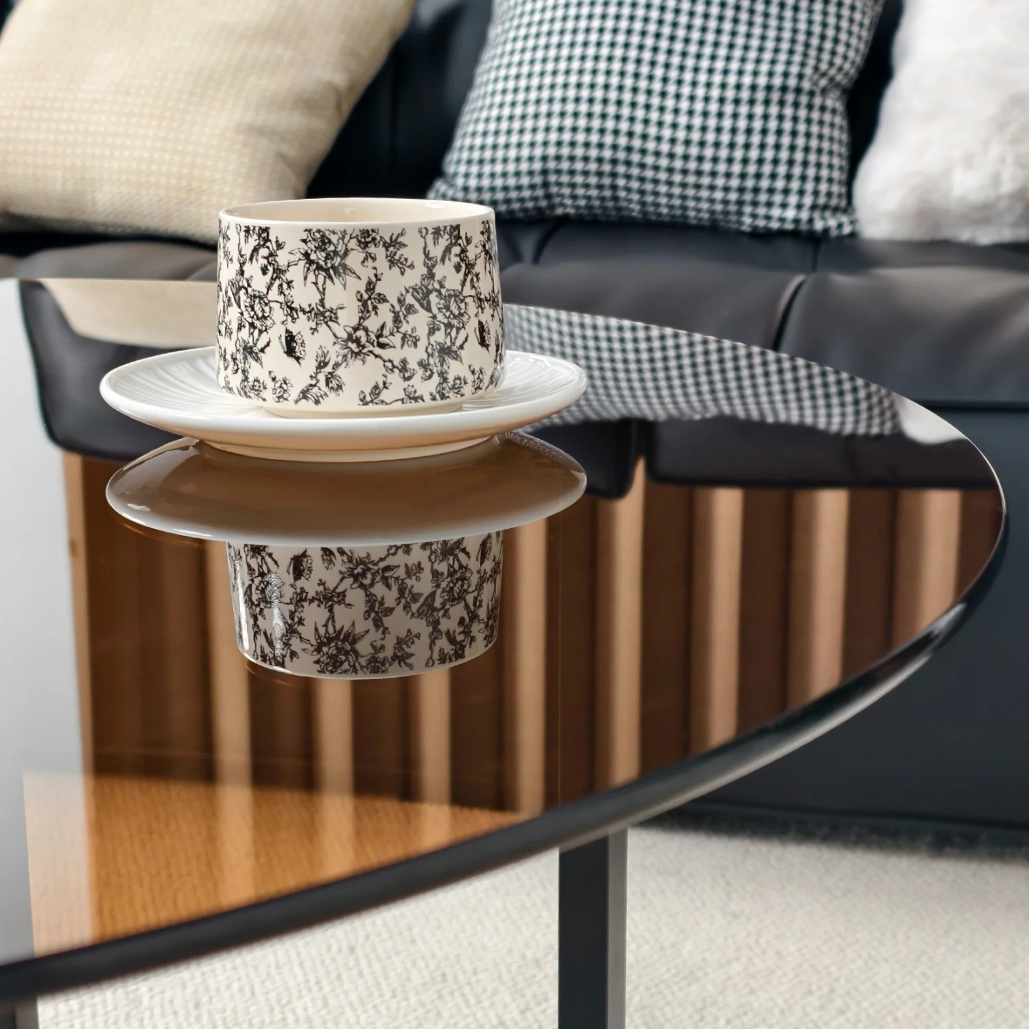 80cm Amber-Tinted Tempered Glass Coffee Table Modern Center Table Side Table with Sintered Stone Tier for Home Office Decor