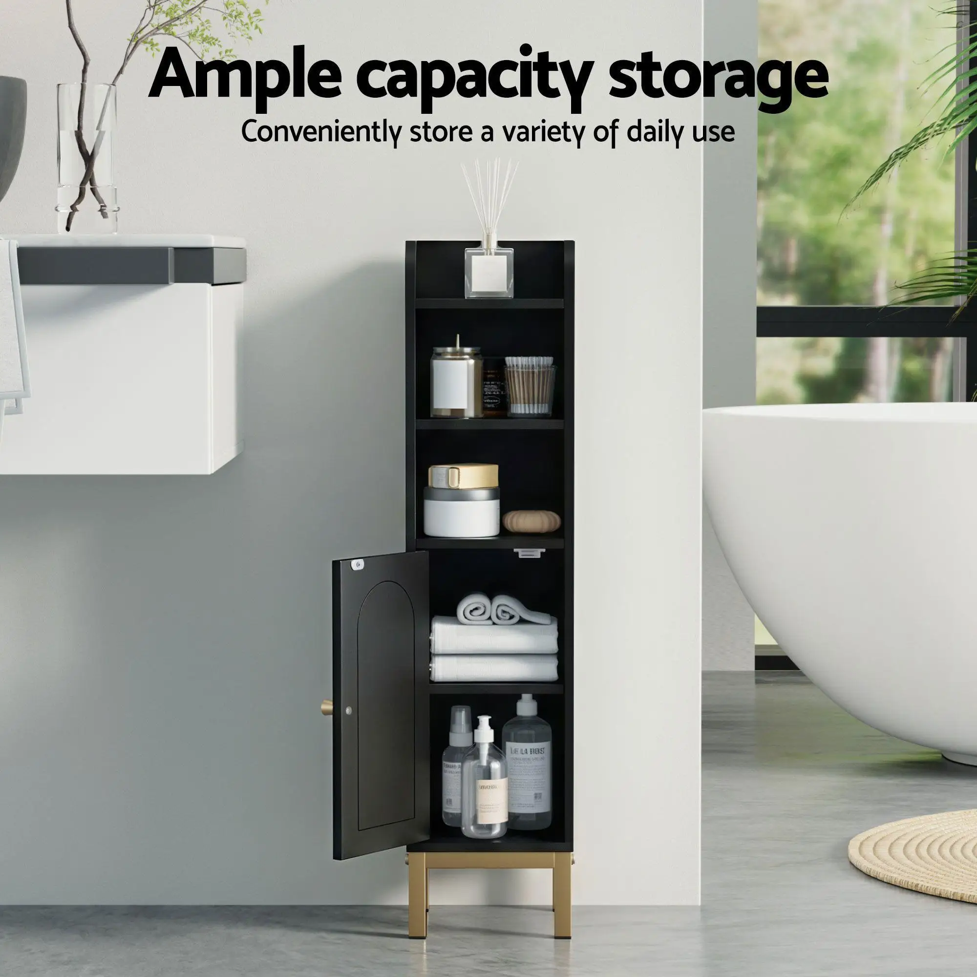 2 Pack Bathroom Storage Cabinet Floor Organizer Toilet Corner Adjustable Black Shelf Rack Space Saving Cabinet for Home Bathroom Utility Room