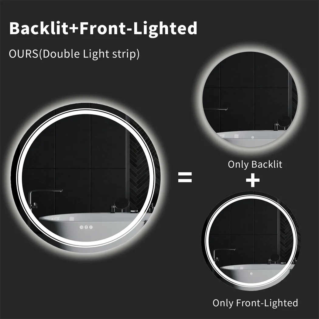 32 Inch Round LED Lighted Bathroom Mirror Wall Mounted Anti-Fog Vanity Mirror with Touch Sensor Backlit for Home