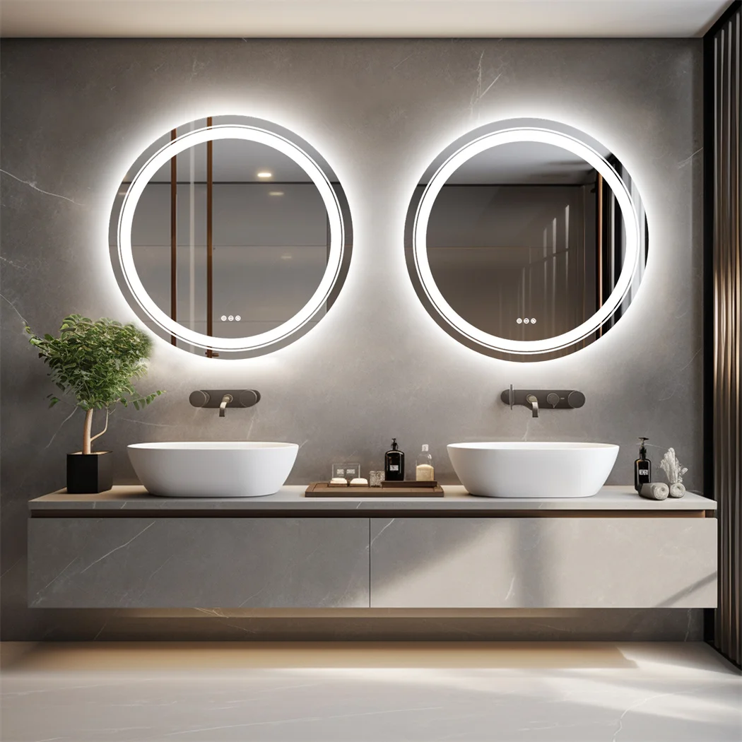 32 Inch Round LED Lighted Bathroom Mirror Wall Mounted Anti-Fog Vanity Mirror with Touch Sensor Backlit for Home
