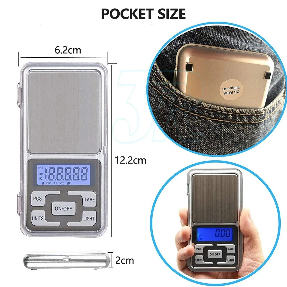 Pocket Digital Mini Scales 0.01g 500g Precision Weight Balance Silver Mel