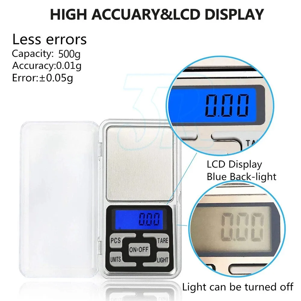 Pocket Digital Mini Scales 0.01g 500g Precision Weight Balance Silver Mel