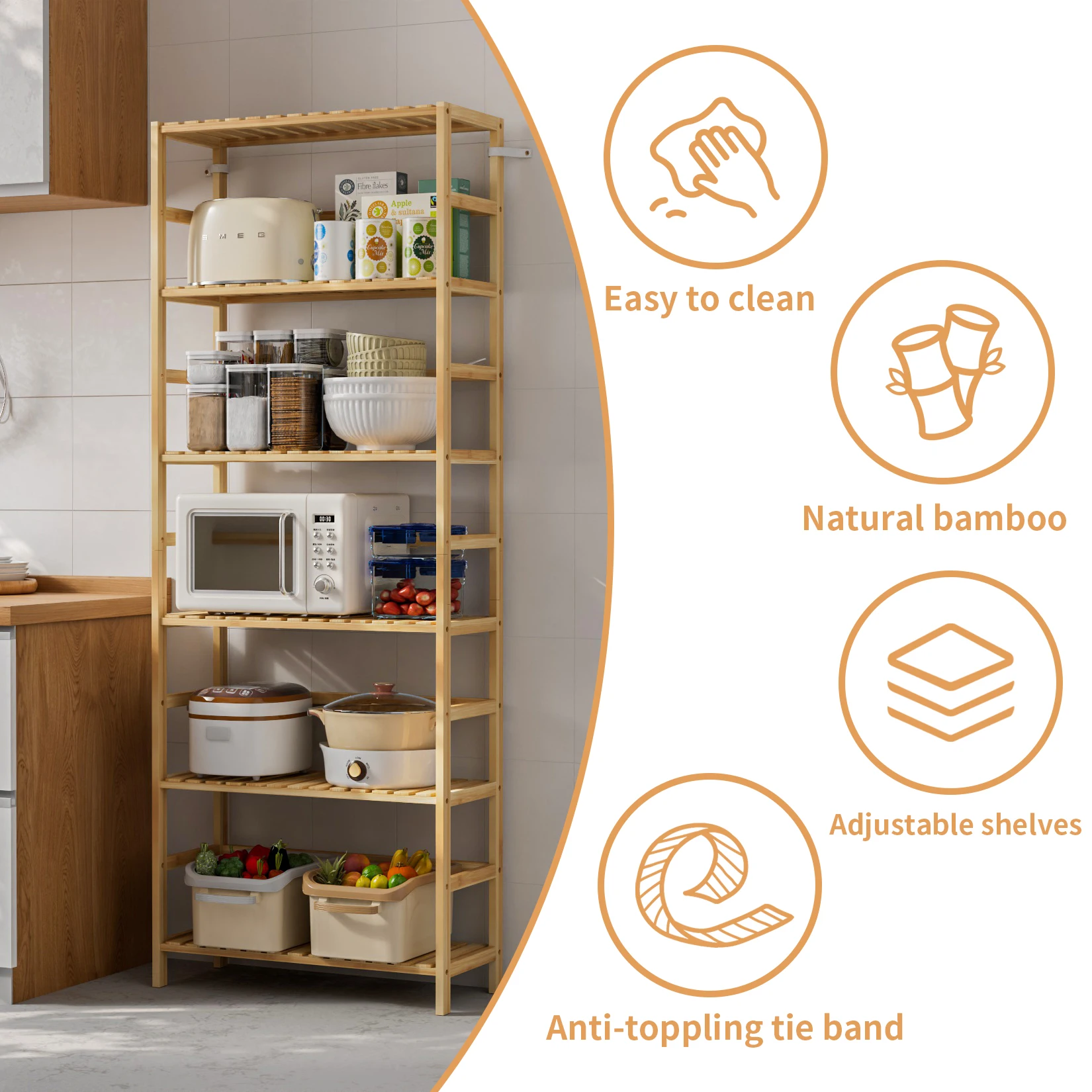 6-Tier Freestanding Bamboo Bookcase Storage Shelf Bathroom Kitchen Organizer Rack