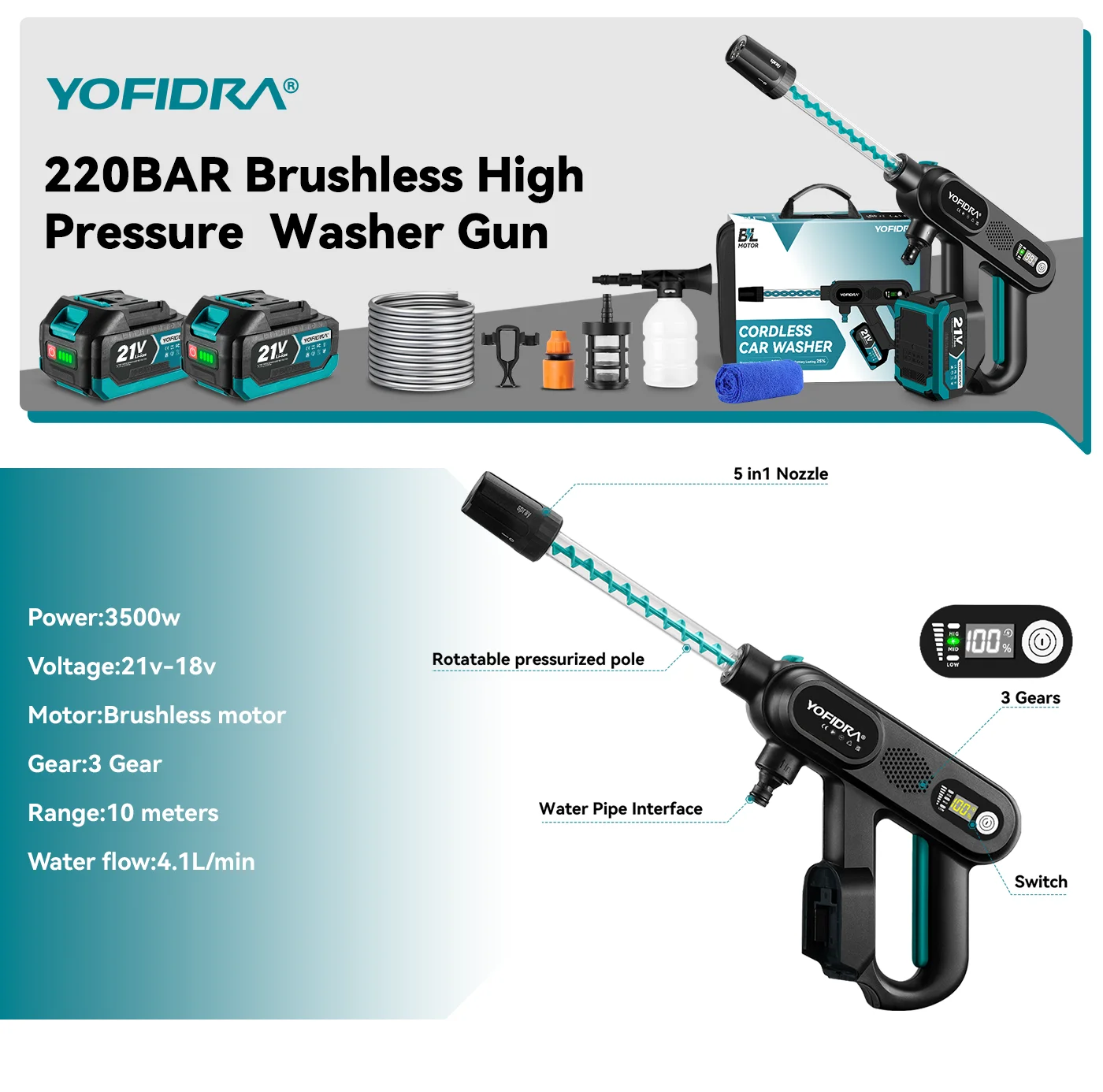 YOFIDRA 220Bar Brushless High Pressure Car Washer Gun 3 Gear Electric Washing Water Wash Spray Gun For Makita 21V Battery Pin