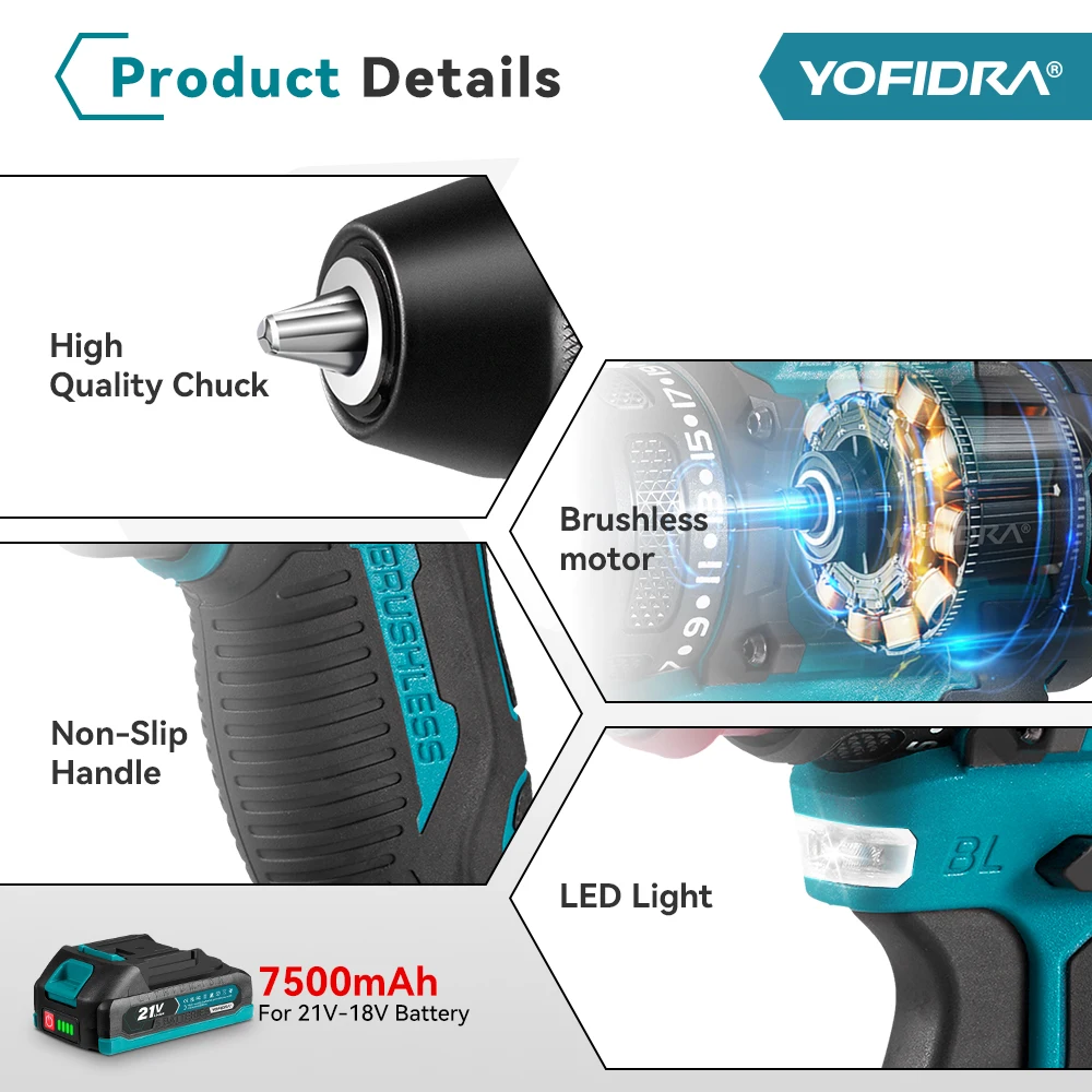 YOFIDRA 2 In 1 Brushless Electric Screwdriver Handheld Hexagonal Drill Screw Driver Home Power Tool Set For Makita Battery Pin