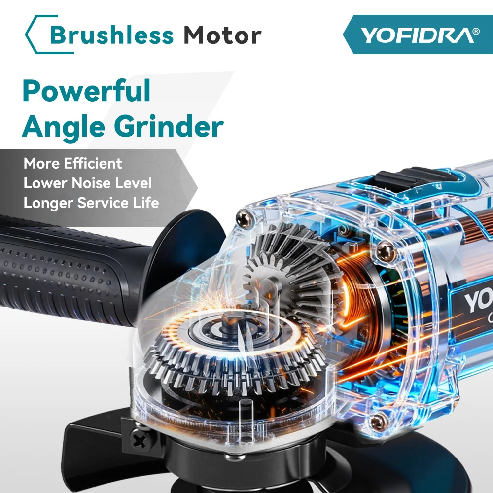 YOFIDRA 125mm Brushless Angle Grinder 4 Gear Cordless Grinding Machine Cutting Woodworking Power Tool For Makita Battery Pin