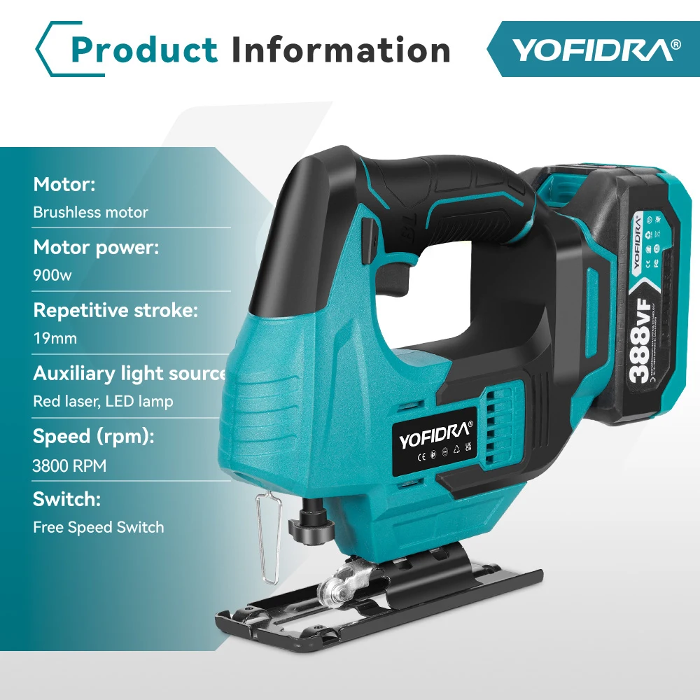 YOFIDRA 3800rpm Brushless Electric Jig Saw Infrared Laser Curve Saw Multi-Function Woodworking Tool For Makita 18V Battery pin