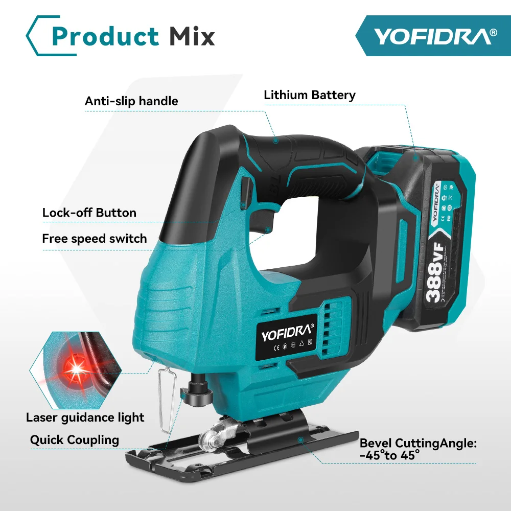 YOFIDRA 3800rpm Brushless Electric Jig Saw Infrared Laser Curve Saw Multi-Function Woodworking Tool For Makita 18V Battery pin
