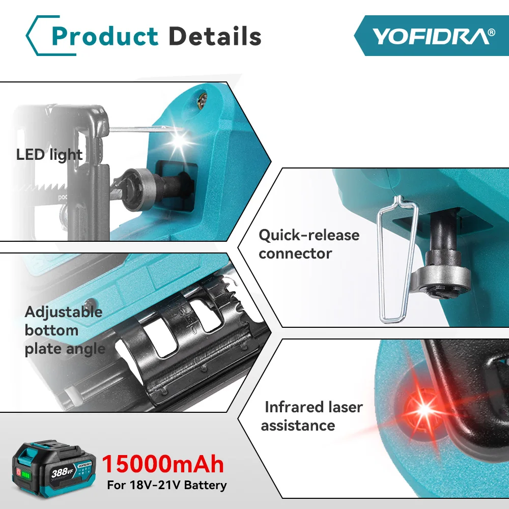 YOFIDRA 3800rpm Brushless Electric Jig Saw Infrared Laser Curve Saw Multi-Function Woodworking Tool For Makita 18V Battery pin