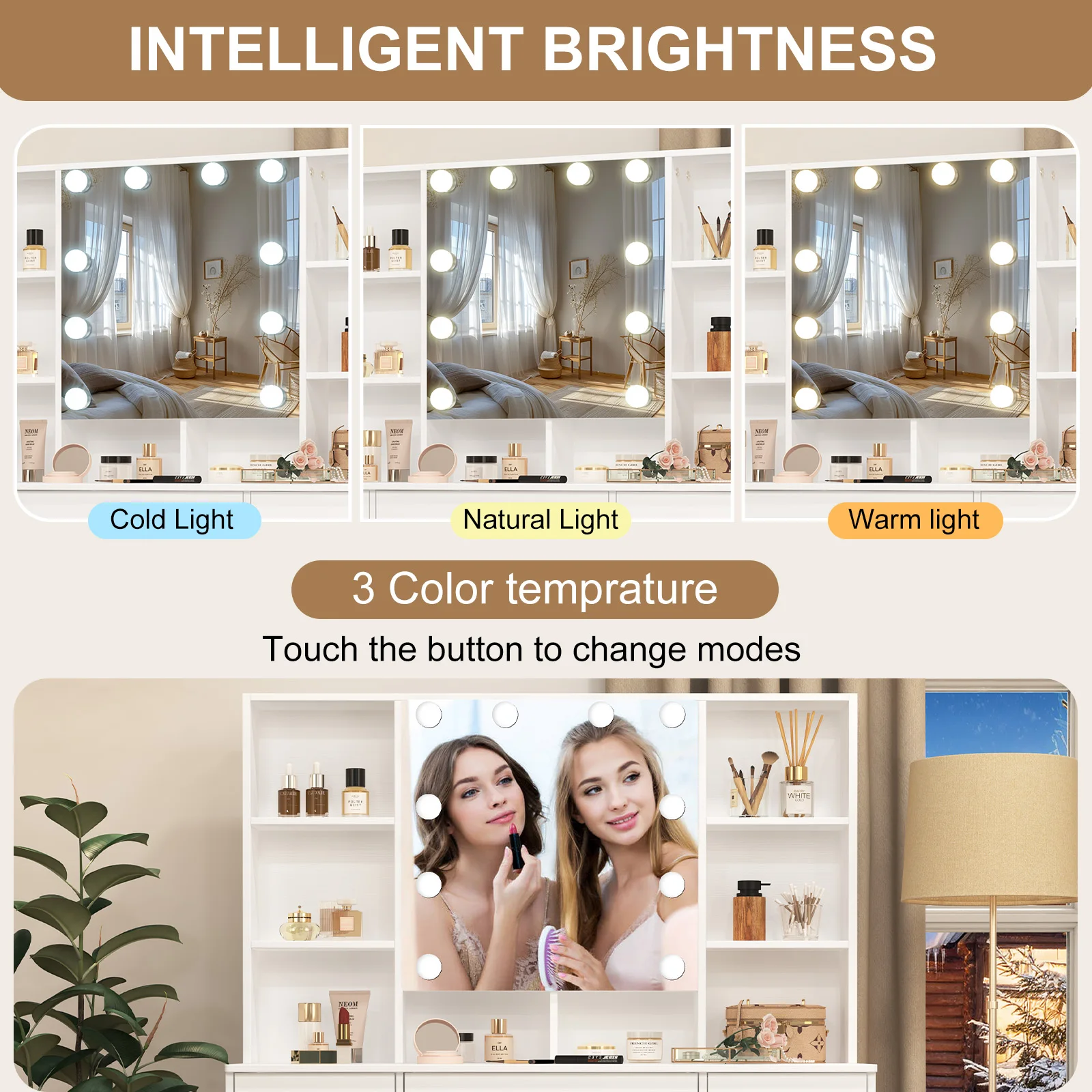 Vanity Desk Set w/ LED Lights Mirror Makeup Dressing Table and Stool 10 Shelves