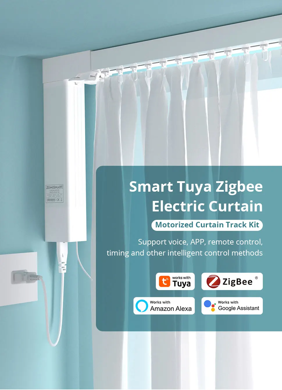 Zemismart Zigbee 3.0 Smart Curtain Track Work with Tuya Zigbee Hub SmartThings Alexa Google Home Assistant Electric Curtains