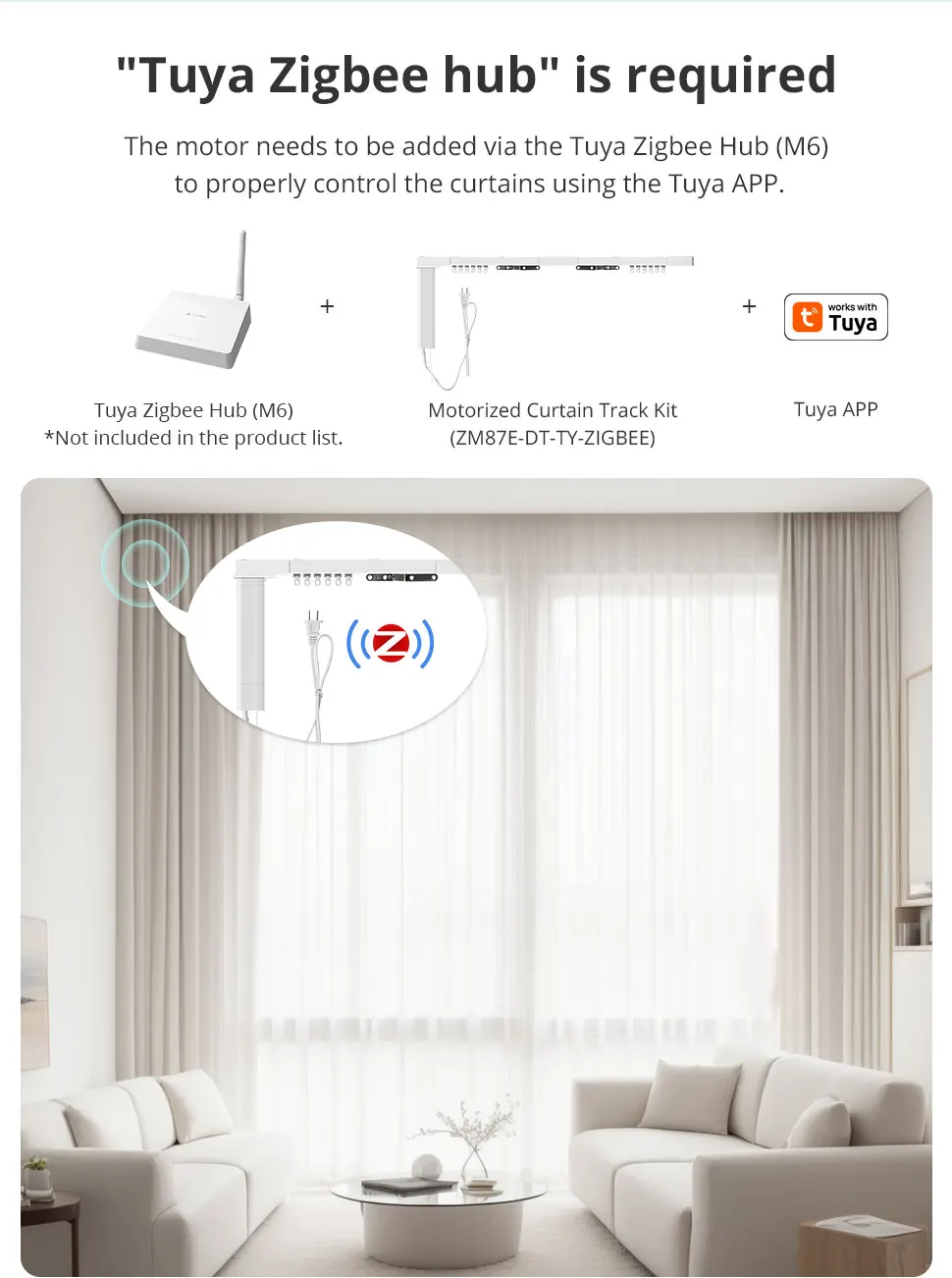 Zemismart Zigbee 3.0 Smart Curtain Track Work with Tuya Zigbee Hub SmartThings Alexa Google Home Assistant Electric Curtains