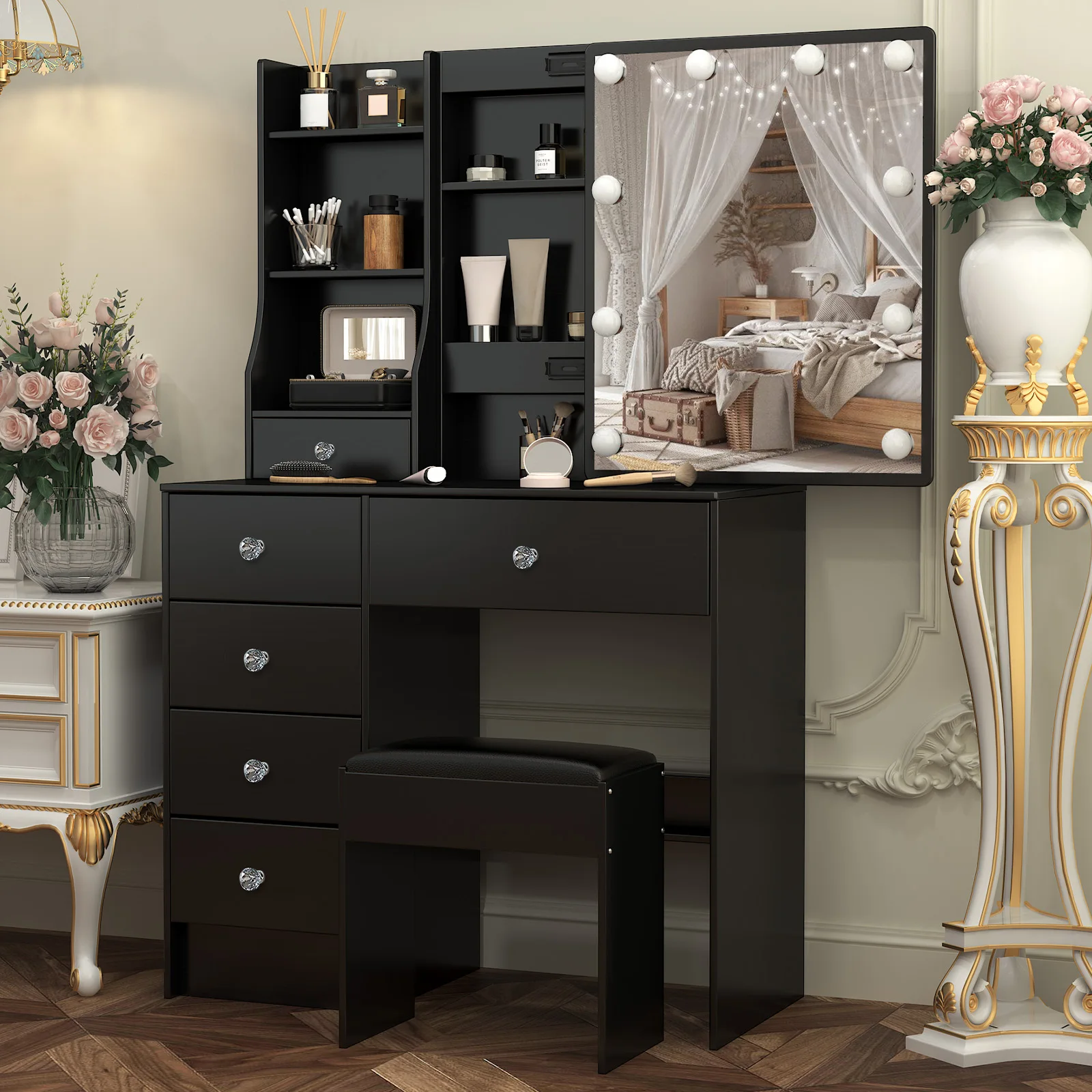 Black Modern Vanity Set with LED Sliding Mirror 6 Drawers & Stool 3 Color Dimmable Easy Assembly Sturdy Frame Makeup Desk