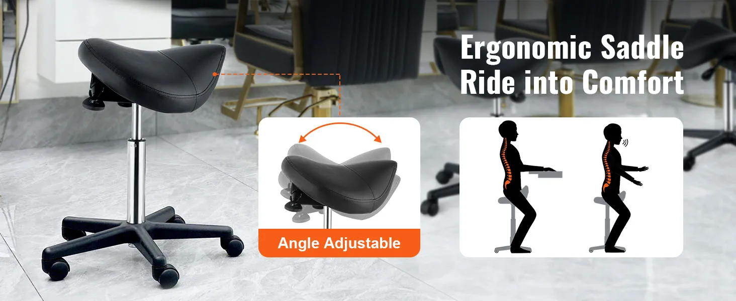 SucceBuy Ergonomic Saddle Stool with 5 Swivel Casters 360° Rotation 20.1-28in Height Adjustable Round Stool for Bar Salon Office