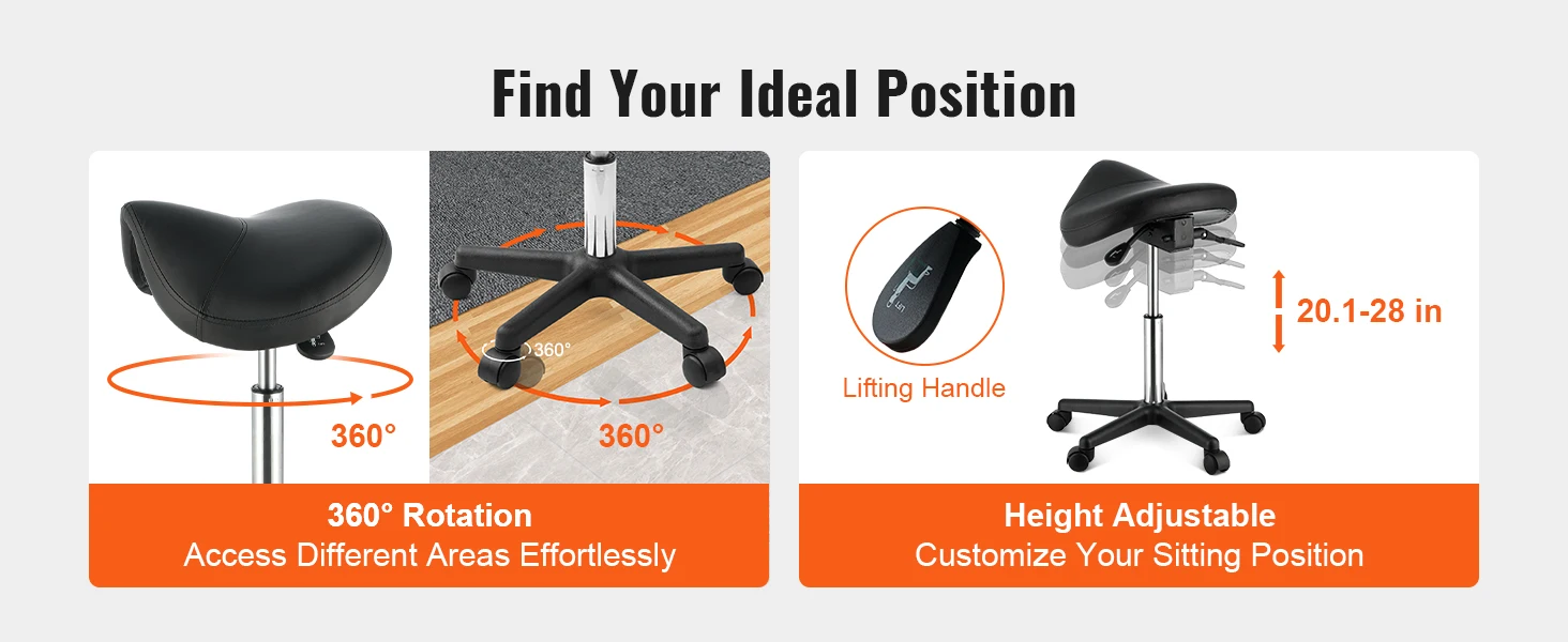 SucceBuy Ergonomic Saddle Stool with 5 Swivel Casters 360° Rotation 20.1-28in Height Adjustable Round Stool for Bar Salon Office