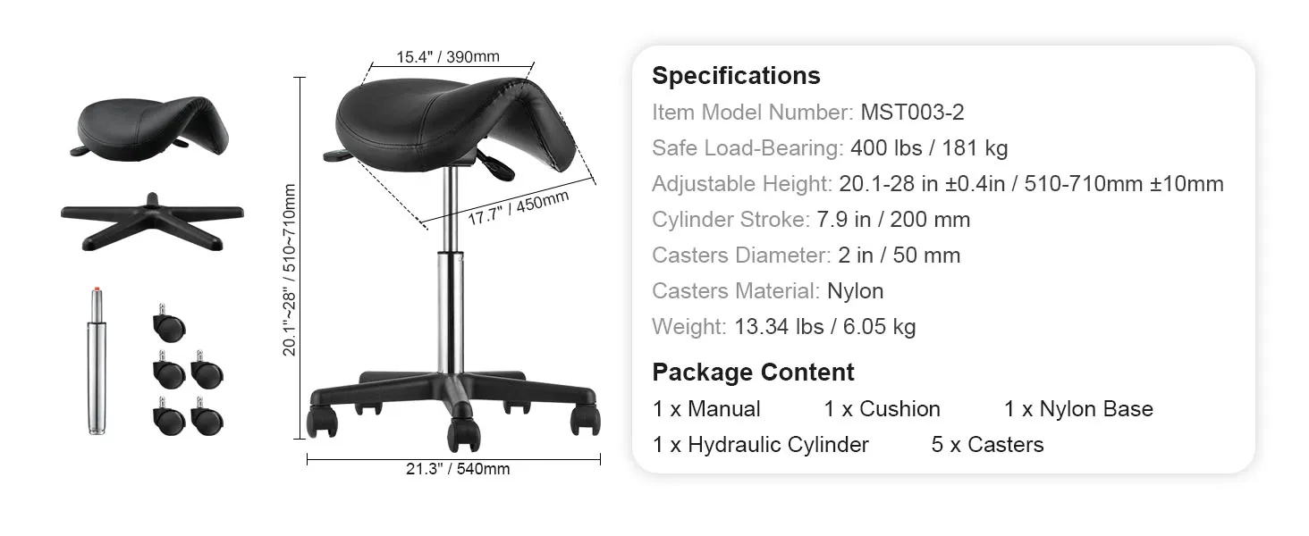 SucceBuy Ergonomic Saddle Stool with 5 Swivel Casters 360° Rotation 20.1-28in Height Adjustable Round Stool for Bar Salon Office