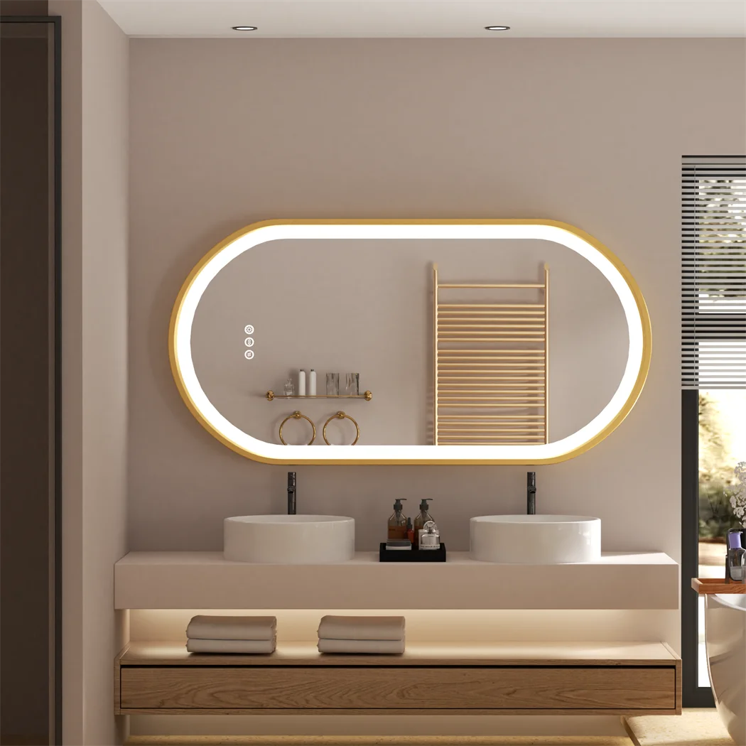 Oval Smart Mirror - LED Illuminated Vanity Bathroom Full Body Mirror with Anti-Fog, Gold Aluminum Frame