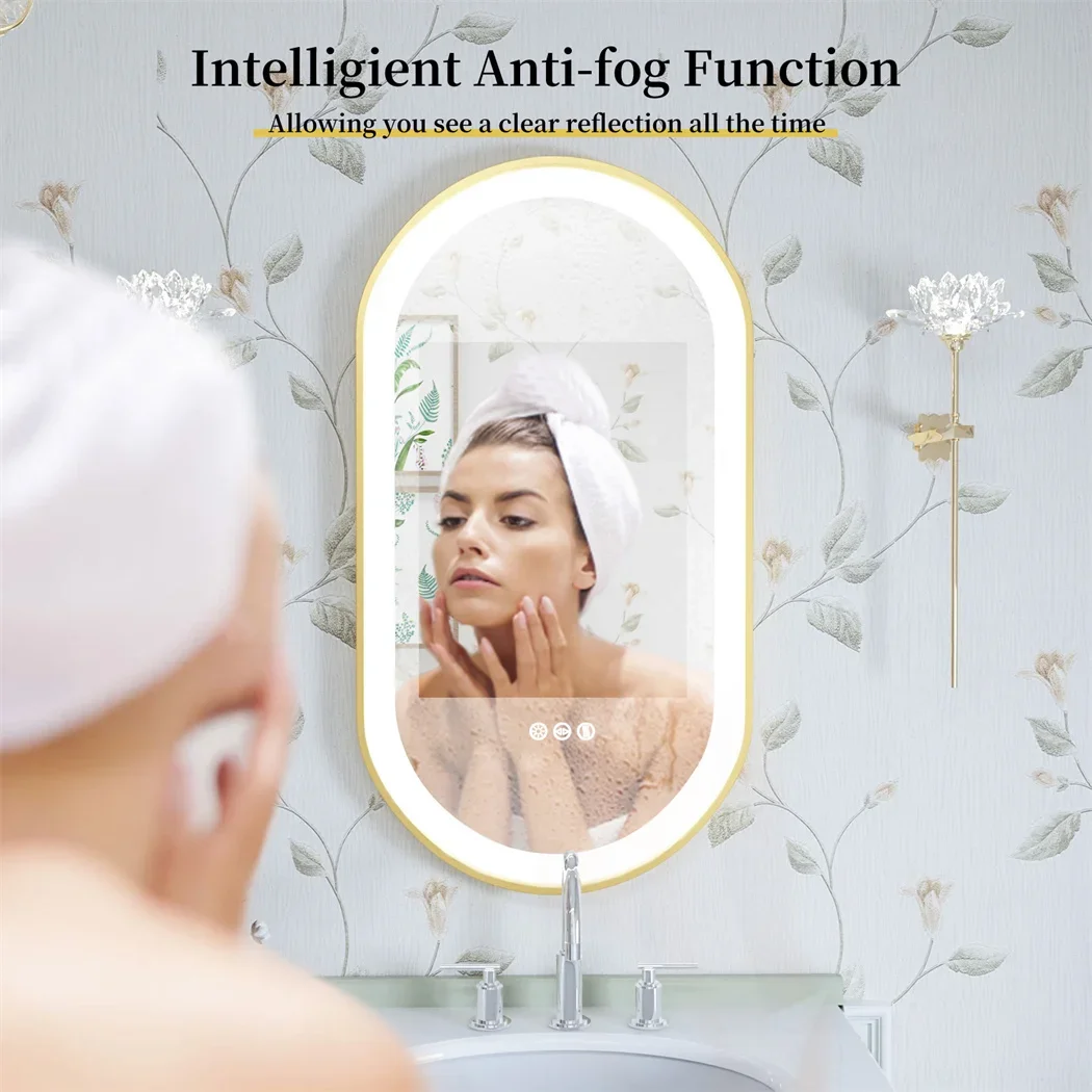 Oval Smart Mirror - LED Illuminated Vanity Bathroom Full Body Mirror with Anti-Fog, Gold Aluminum Frame