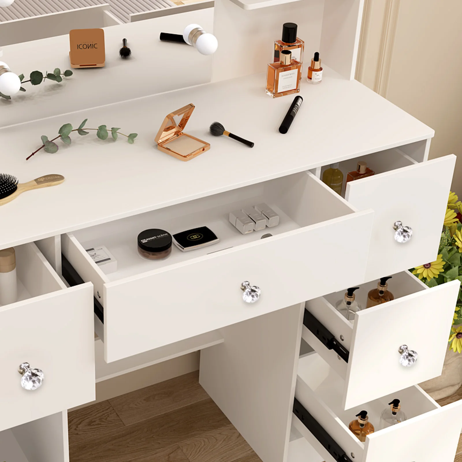 Large Dressing Table and Stool Set with LED Mirror 5 Drawers Makeup Desk Vanity